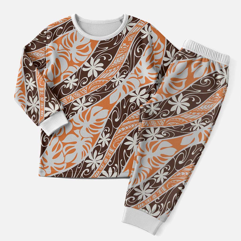Puatou Tahiti Tiare Monstera Christmas Pajama Set Polynesian Pattern Curve Style LT01 Men Orange - Polynesian Pride