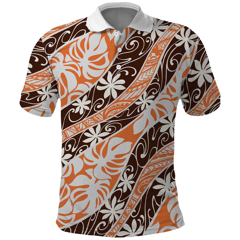 Puatou Tahiti Tiare Monstera Polo Shirt Polynesian Pattern Curve Style LT01 Orange - Polynesian Pride