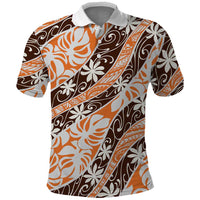 Puatou Tahiti Tiare Monstera Polo Shirt Polynesian Pattern Curve Style LT01 Orange - Polynesian Pride
