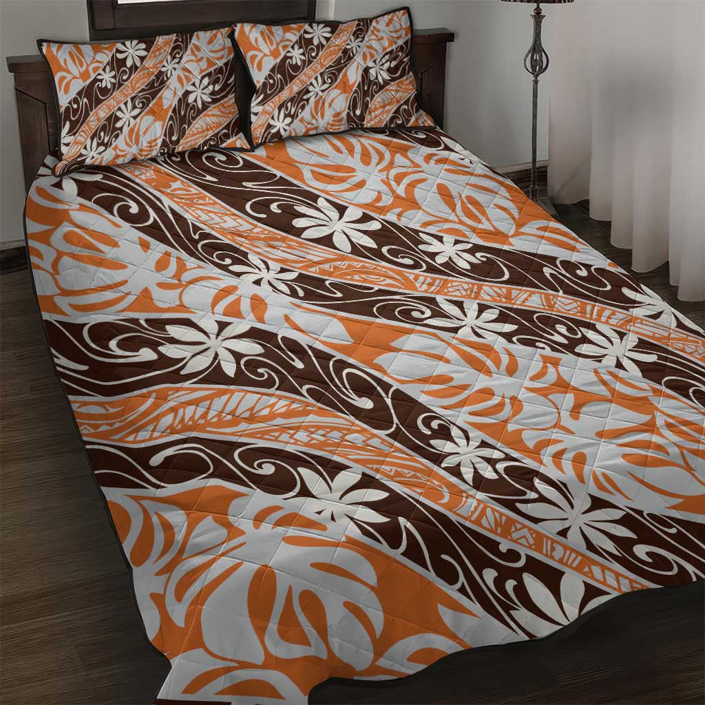 Puatou Tahiti Tiare Monstera Quilt Bed Set Polynesian Pattern Curve Style LT01 Orange - Polynesian Pride