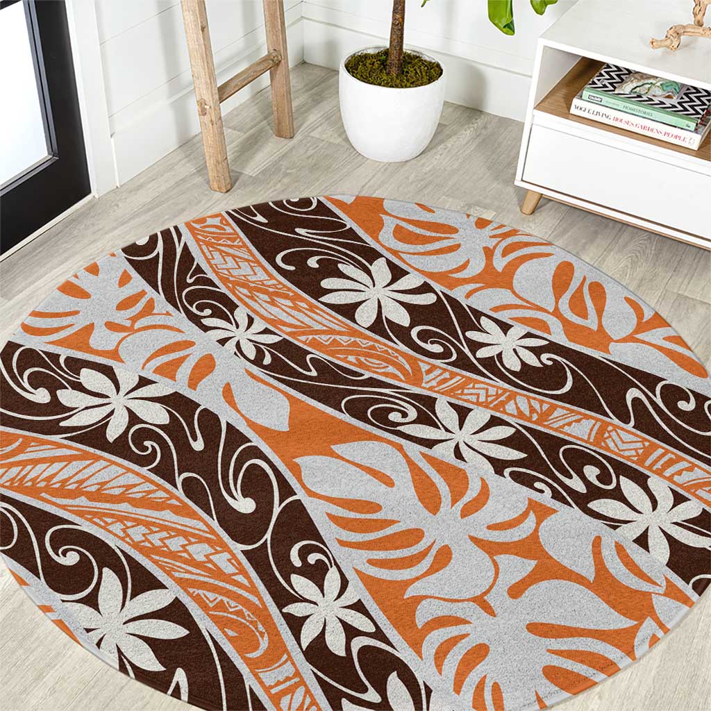Puatou Tahiti Tiare Monstera Round Carpet Polynesian Pattern Curve Style LT01 Orange - Polynesian Pride