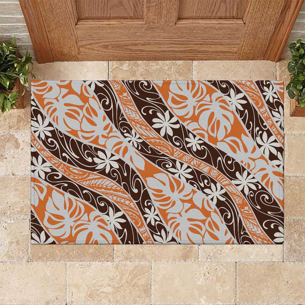 Puatou Tahiti Tiare Monstera Rubber Doormat Polynesian Pattern Curve Style LT01 Orange - Polynesian Pride
