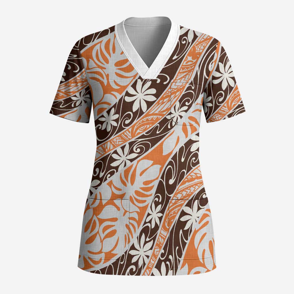 Puatou Tahiti Tiare Monstera Scrub Top Polynesian Pattern Curve Style LT01 Adult Orange - Polynesian Pride