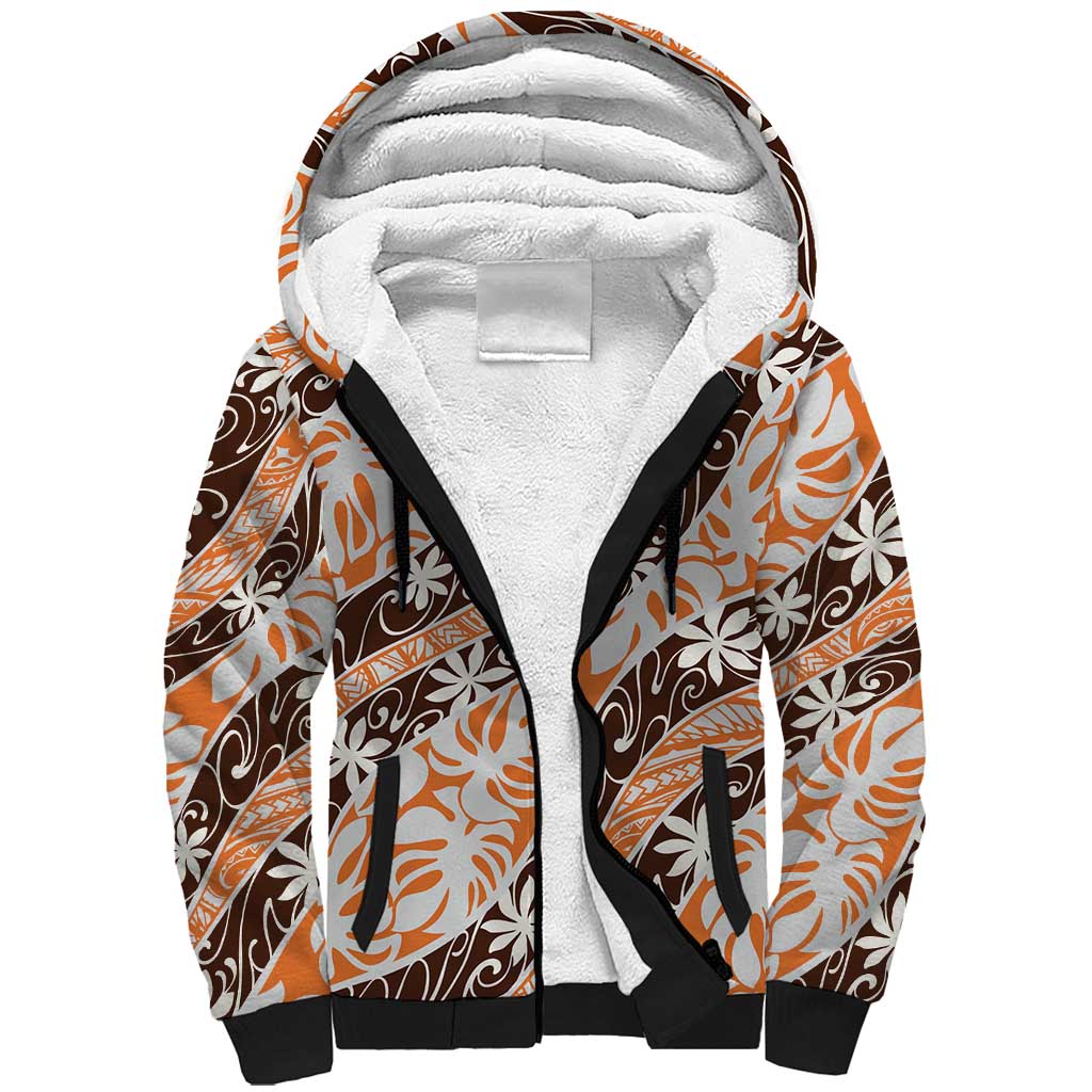 Puatou Tahiti Tiare Monstera Sherpa Hoodie Polynesian Pattern Curve Style LT01 Unisex Orange - Polynesian Pride