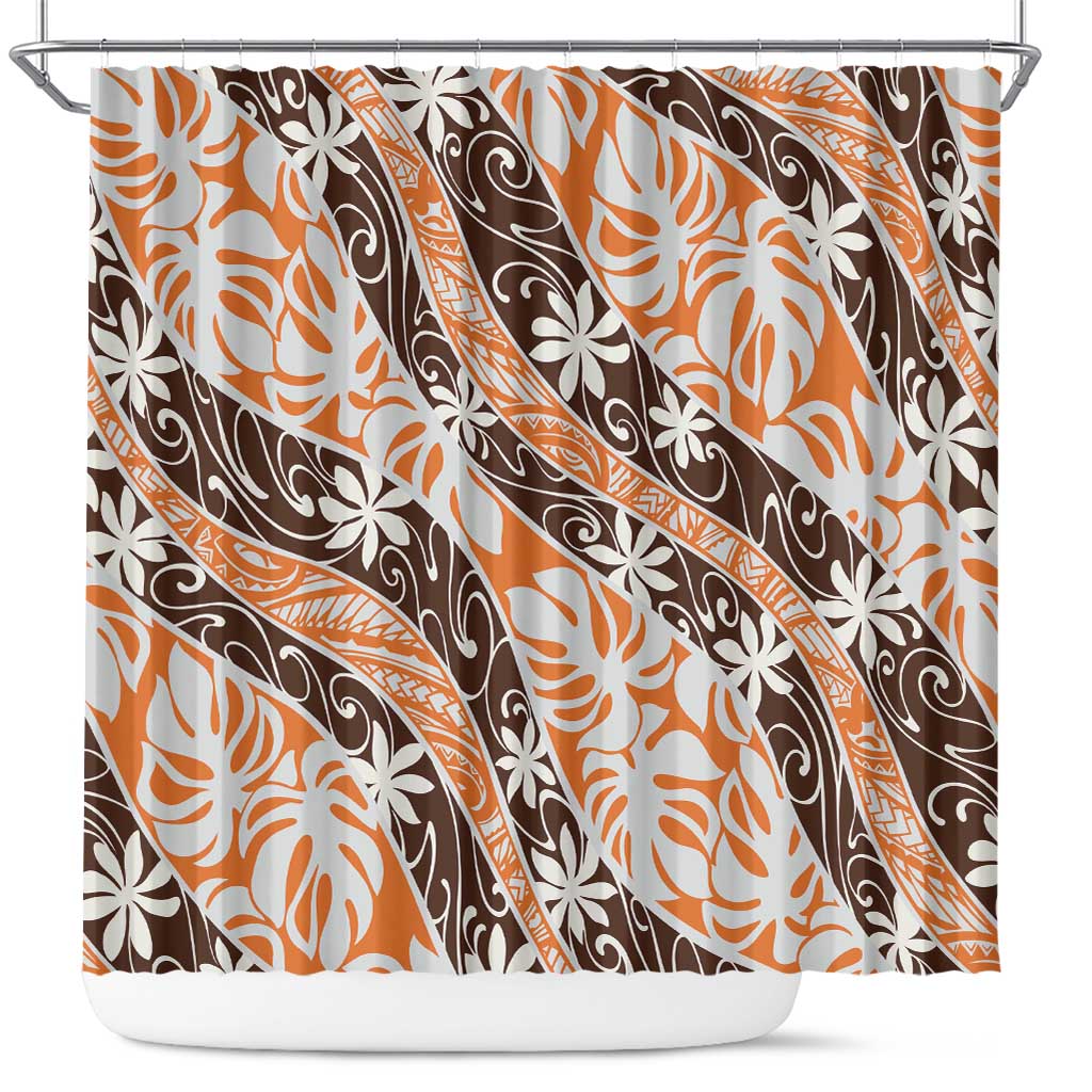 Puatou Tahiti Tiare Monstera Shower Curtain Polynesian Pattern Curve Style LT01 Orange - Polynesian Pride