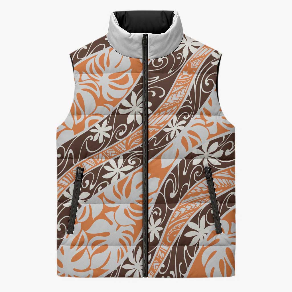 Puatou Tahiti Tiare Monstera Sleeveless Puffer Jacket Polynesian Pattern Curve Style LT01 Unisex Orange - Polynesian Pride