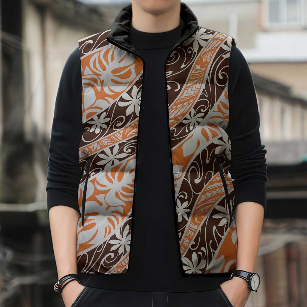 Puatou Tahiti Tiare Monstera Sleeveless Puffer Jacket Polynesian Pattern Curve Style LT01 - Polynesian Pride