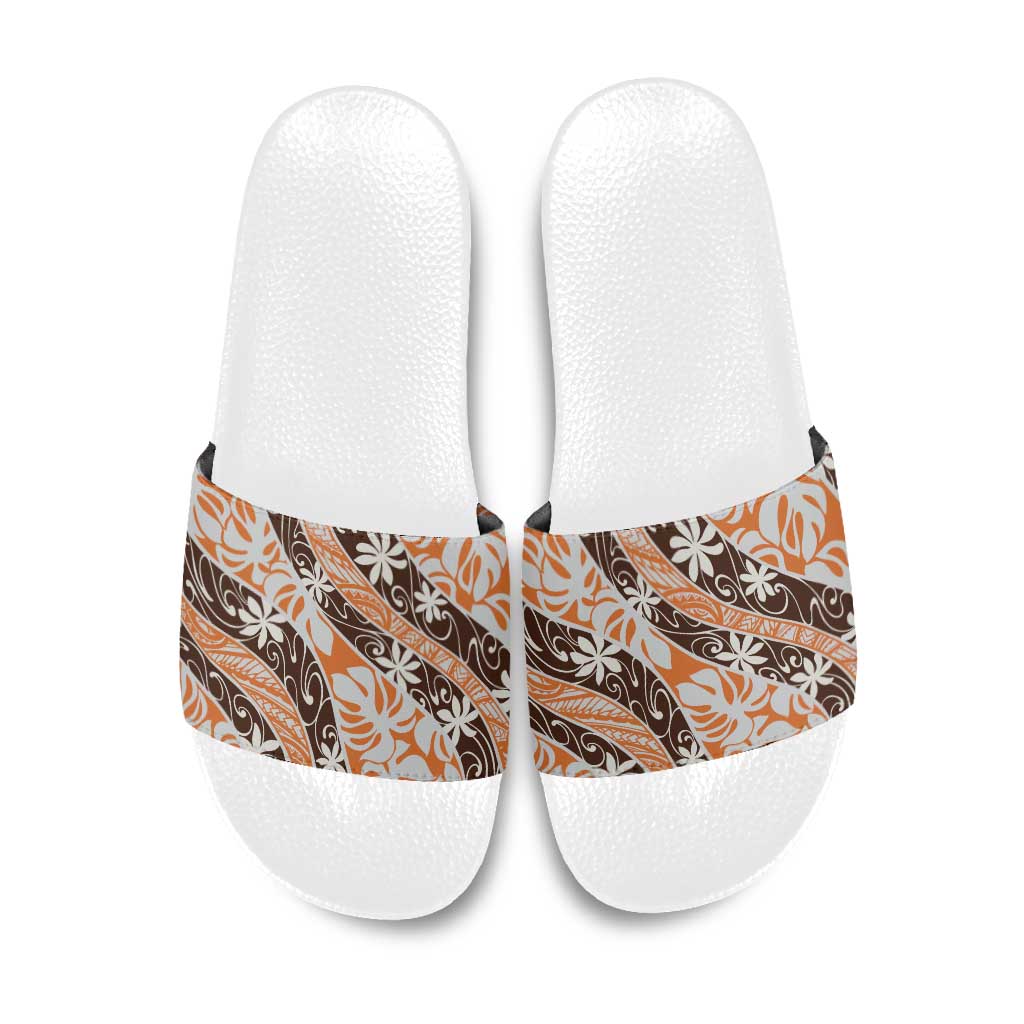 Puatou Tahiti Tiare Monstera Slide Sandals Polynesian Pattern Curve Style LT01 Orange - Polynesian Pride