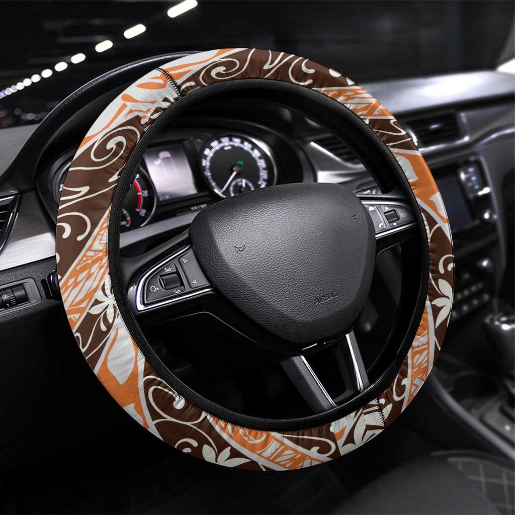Puatou Tahiti Tiare Monstera Steering Wheel Cover Polynesian Pattern Curve Style LT01 Universal Fit Orange - Polynesian Pride