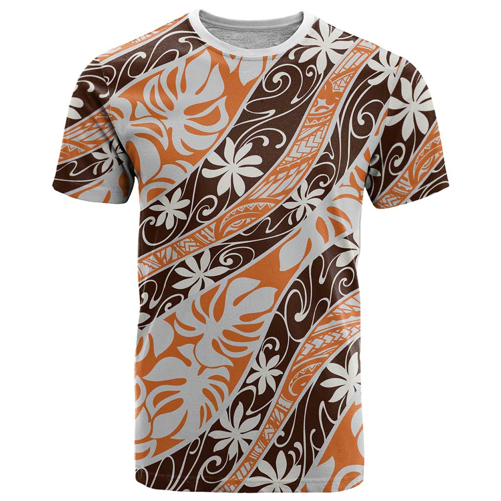Puatou Tahiti Tiare Monstera T Shirt Polynesian Pattern Curve Style LT01 Orange - Polynesian Pride