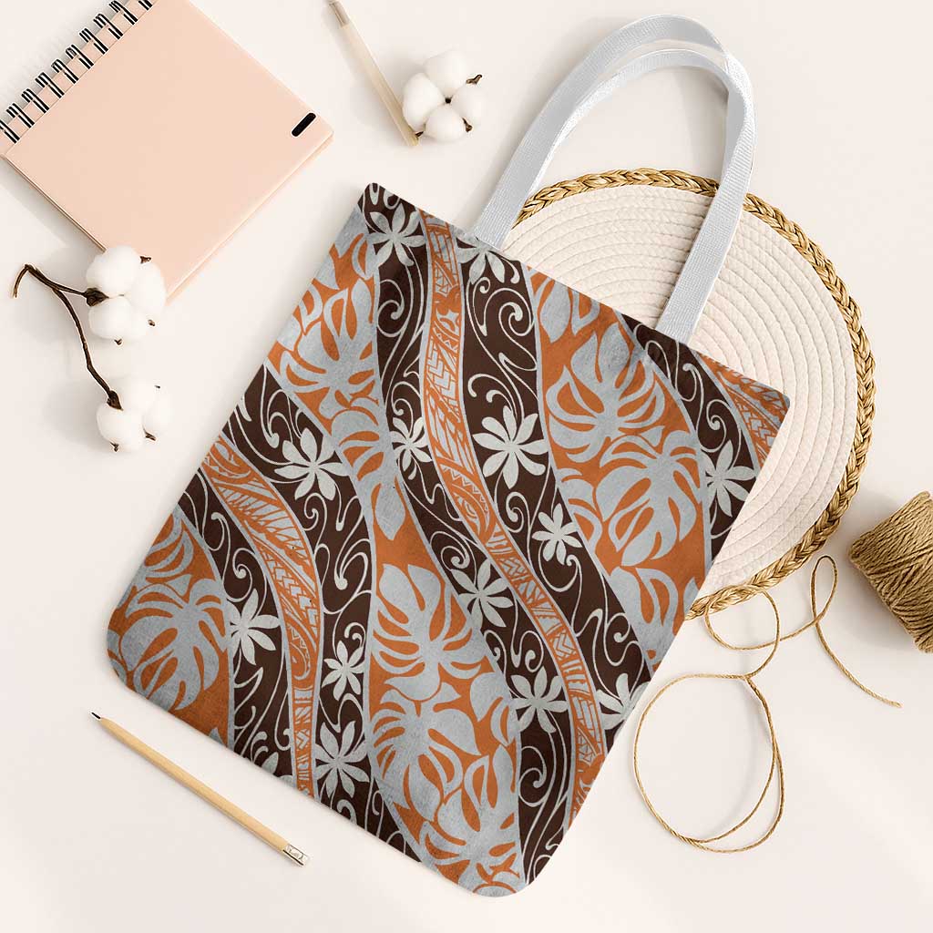 Puatou Tahiti Tiare Monstera Tote Bag Polynesian Pattern Curve Style LT01 White Strap One Size Orange - Polynesian Pride