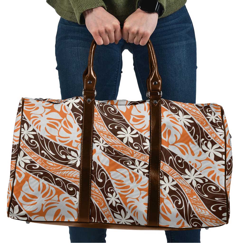 Puatou Tahiti Tiare Monstera Travel Bag Polynesian Pattern Curve Style LT01 Orange - Polynesian Pride
