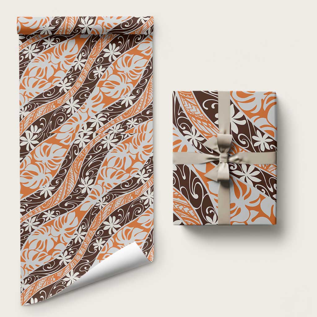 Puatou Tahiti Tiare Monstera Wrapping Paper Polynesian Pattern Curve Style LT01 58" × 23" Orange - Polynesian Pride