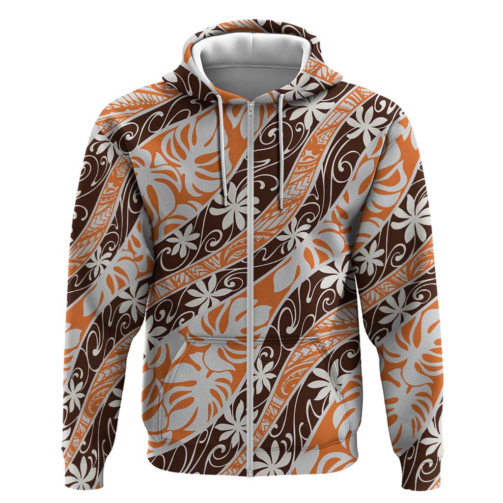 Puatou Tahiti Tiare Monstera Zip Hoodie Polynesian Pattern Curve Style LT01 Zip Hoodie Orange - Polynesian Pride