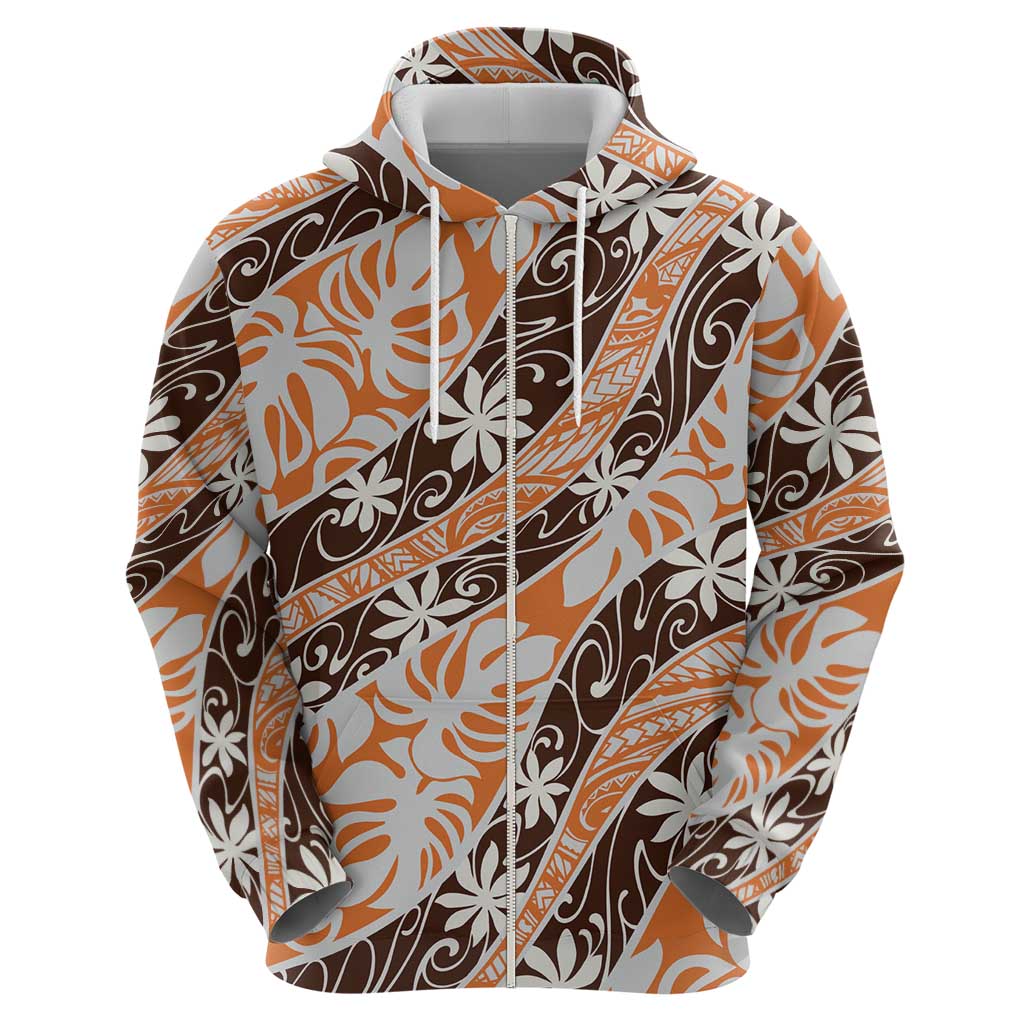 Puatou Tahiti Tiare Monstera Zip Hoodie Polynesian Pattern Curve Style LT01 - Polynesian Pride