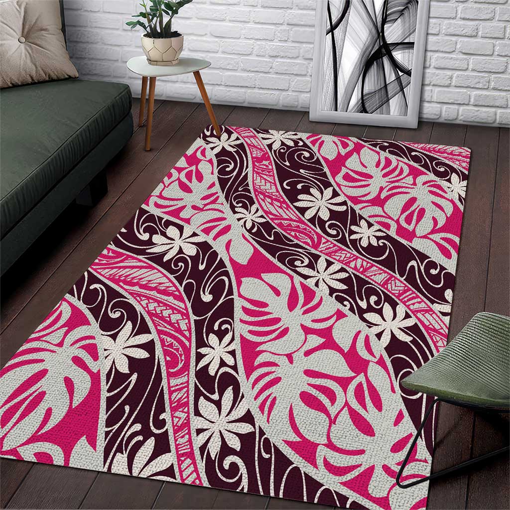 Tarona Tahiti Tiare Monstera Area Rug Polynesian Pattern Curve Style LT01 Pink - Polynesian Pride