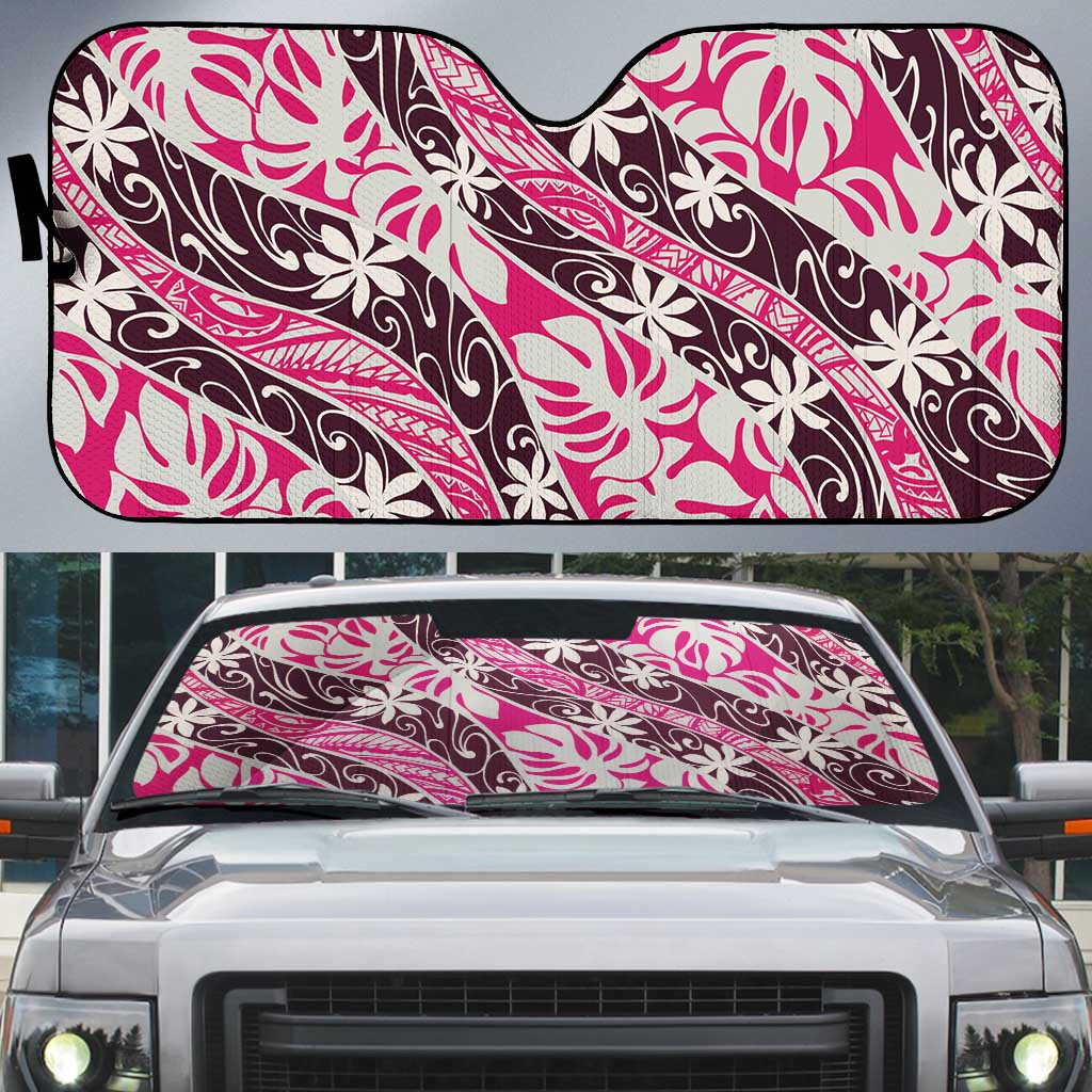 Tarona Tahiti Tiare Monstera Auto Sun Shade Polynesian Pattern Curve Style LT01 Pink - Polynesian Pride