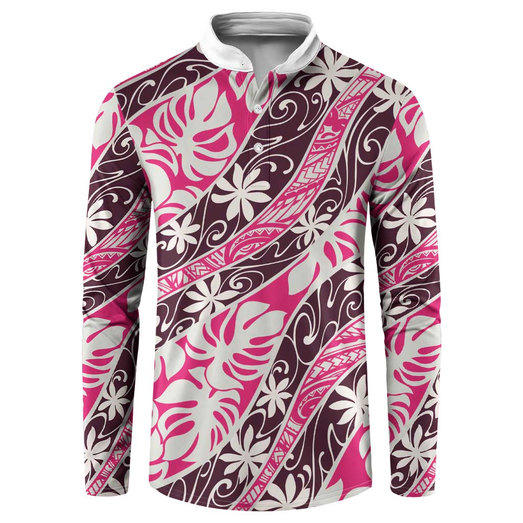 Tarona Tahiti Tiare Monstera Button Sweatshirt Polynesian Pattern Curve Style LT01 Pink - Polynesian Pride