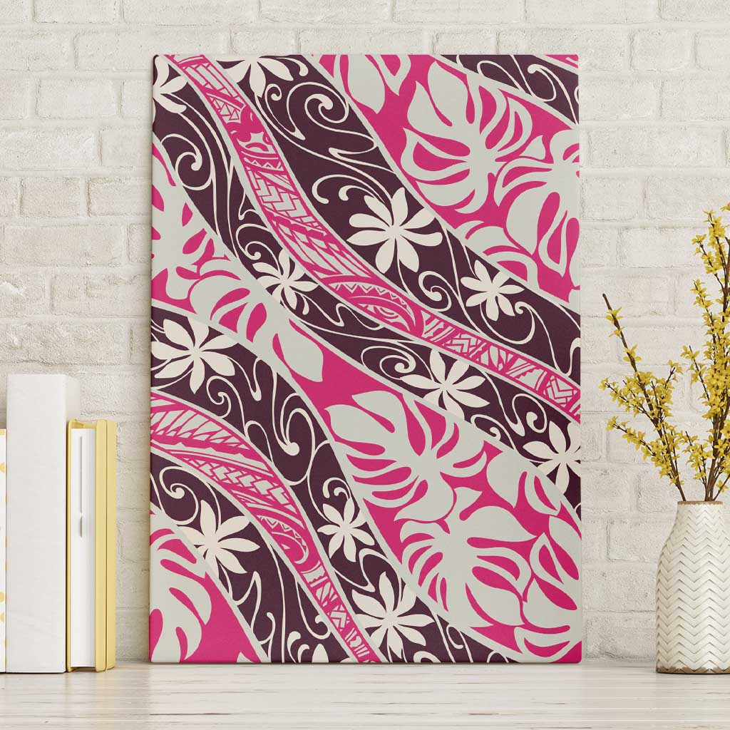 Tarona Tahiti Tiare Monstera Canvas Wall Art Polynesian Pattern Curve Style LT01 Without Frame Pink - Polynesian Pride
