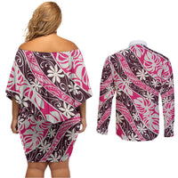 Tarona Tahiti Tiare Monstera Couples Matching Off Shoulder Short Dress and Long Sleeve Button Shirt Polynesian Pattern Curve Style LT01 - Polynesian Pride
