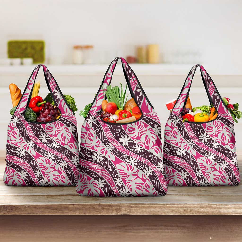 Tarona Tahiti Tiare Monstera Grocery Bag Polynesian Pattern Curve Style LT01 3-pack One Size Pink - Polynesian Pride