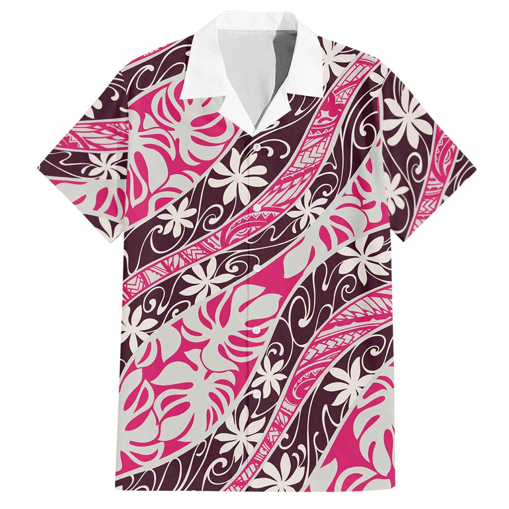 Tarona Tahiti Tiare Monstera Hawaiian Shirt Polynesian Pattern Curve Style LT01 Pink - Polynesian Pride