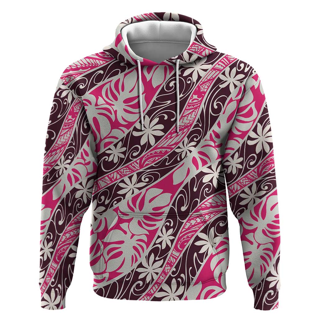 Tarona Tahiti Tiare Monstera Hoodie Polynesian Pattern Curve Style LT01 Pullover Hoodie Pink - Polynesian Pride
