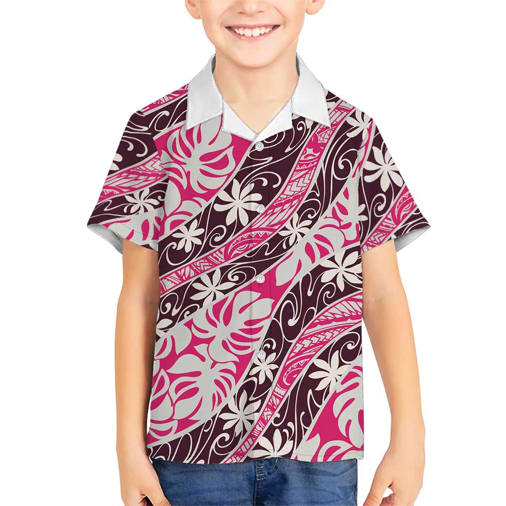 Tarona Tahiti Tiare Monstera Kid Hawaiian Shirt Polynesian Pattern Curve Style LT01 Kid Pink - Polynesian Pride