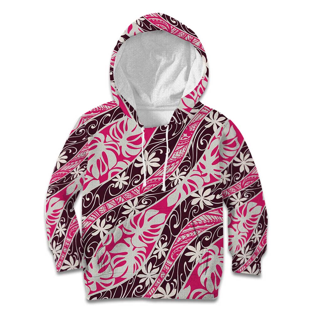 Tarona Tahiti Tiare Monstera Kid Hoodie Polynesian Pattern Curve Style LT01 Hoodie Pink - Polynesian Pride