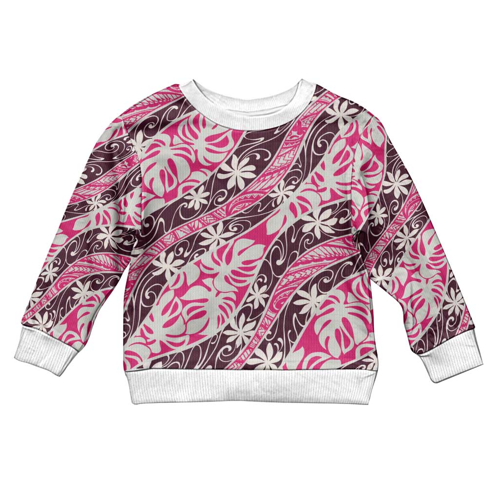 Tarona Tahiti Tiare Monstera Kid Ugly Christmas Sweater Polynesian Pattern Curve Style LT01 Kid Pink - Polynesian Pride