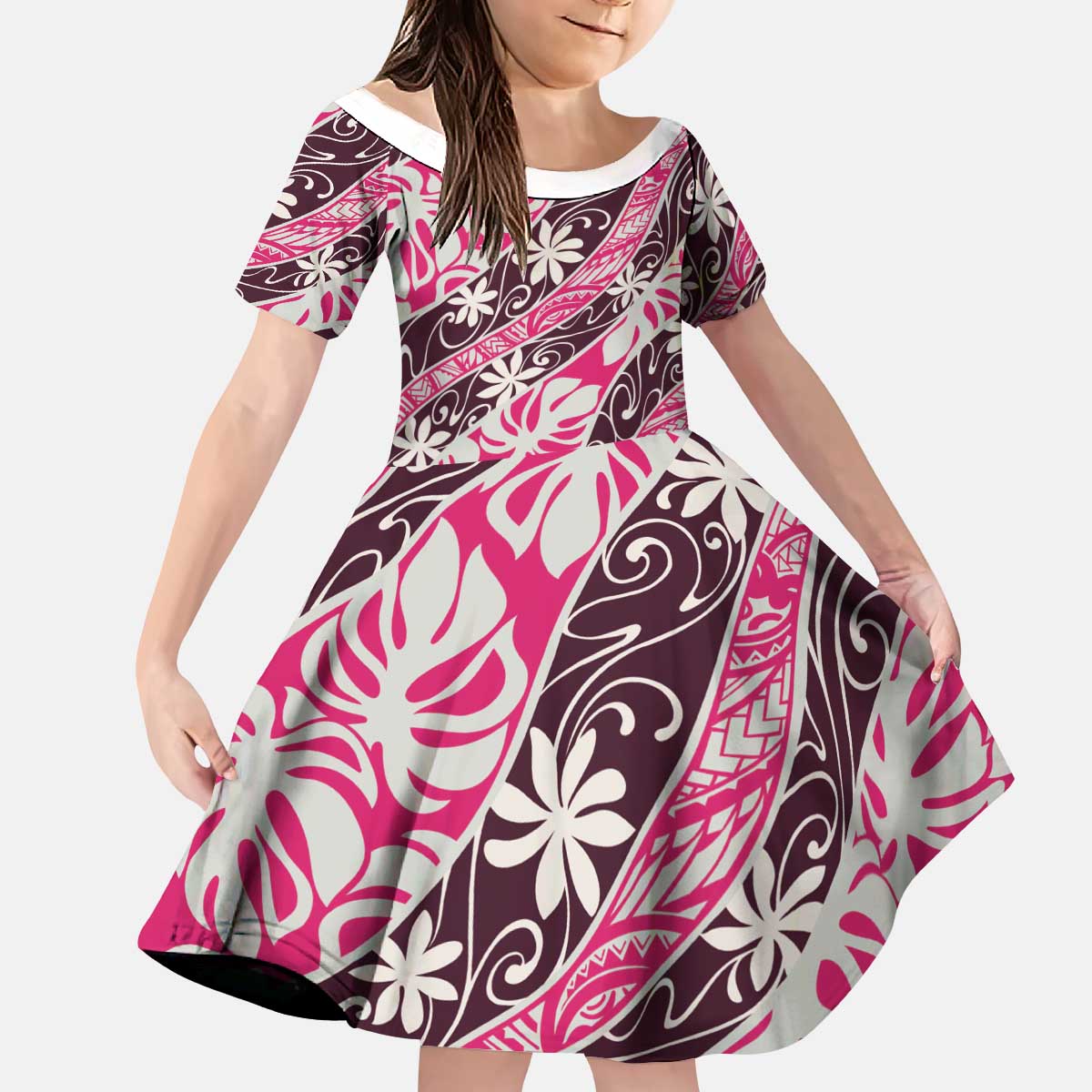 Tarona Tahiti Tiare Monstera Kid Short Sleeve Dress Polynesian Pattern Curve Style LT01 KID Pink - Polynesian Pride