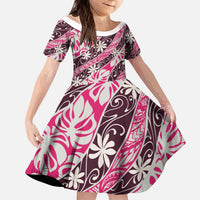 Tarona Tahiti Tiare Monstera Kid Short Sleeve Dress Polynesian Pattern Curve Style LT01 KID Pink - Polynesian Pride