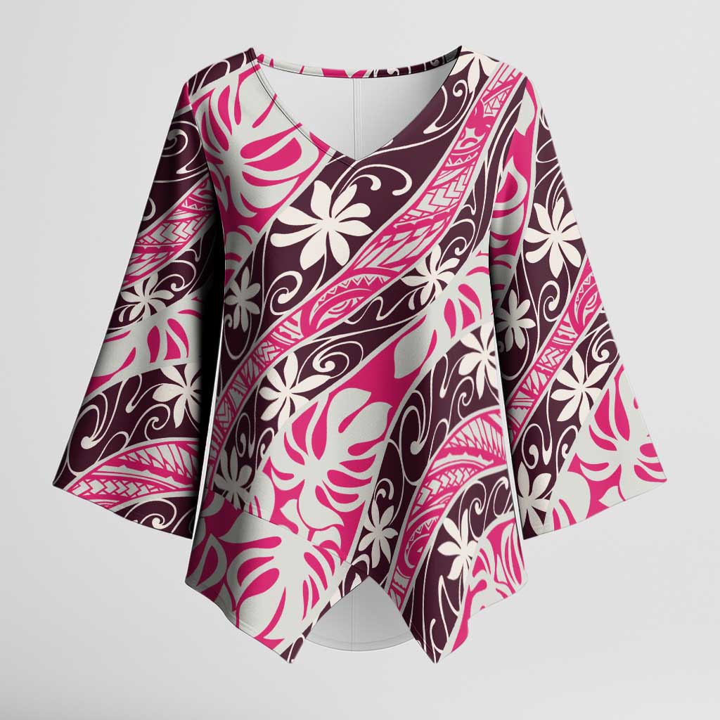 Tarona Tahiti Tiare Monstera Kimono Sleeve Blouse Polynesian Pattern Curve Style LT01 Female Pink - Polynesian Pride