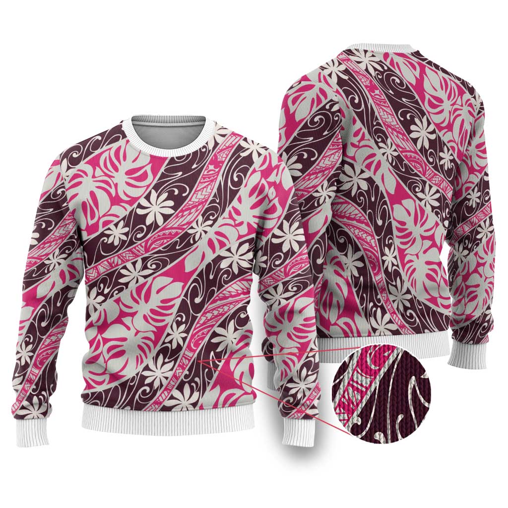 Tarona Tahiti Tiare Monstera Ugly Christmas Sweater Polynesian Pattern Curve Style LT01 Pink - Polynesian Pride