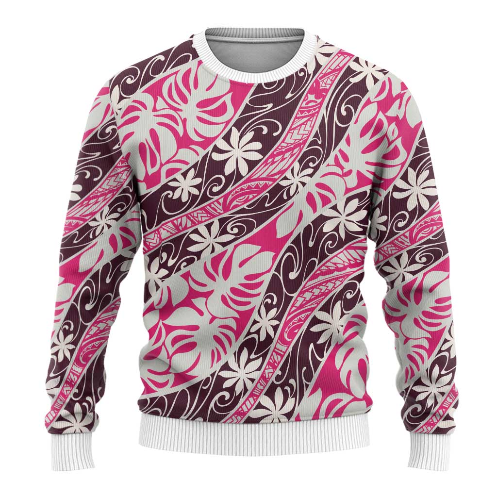 Tarona Tahiti Tiare Monstera Ugly Christmas Sweater Polynesian Pattern Curve Style LT01 - Polynesian Pride