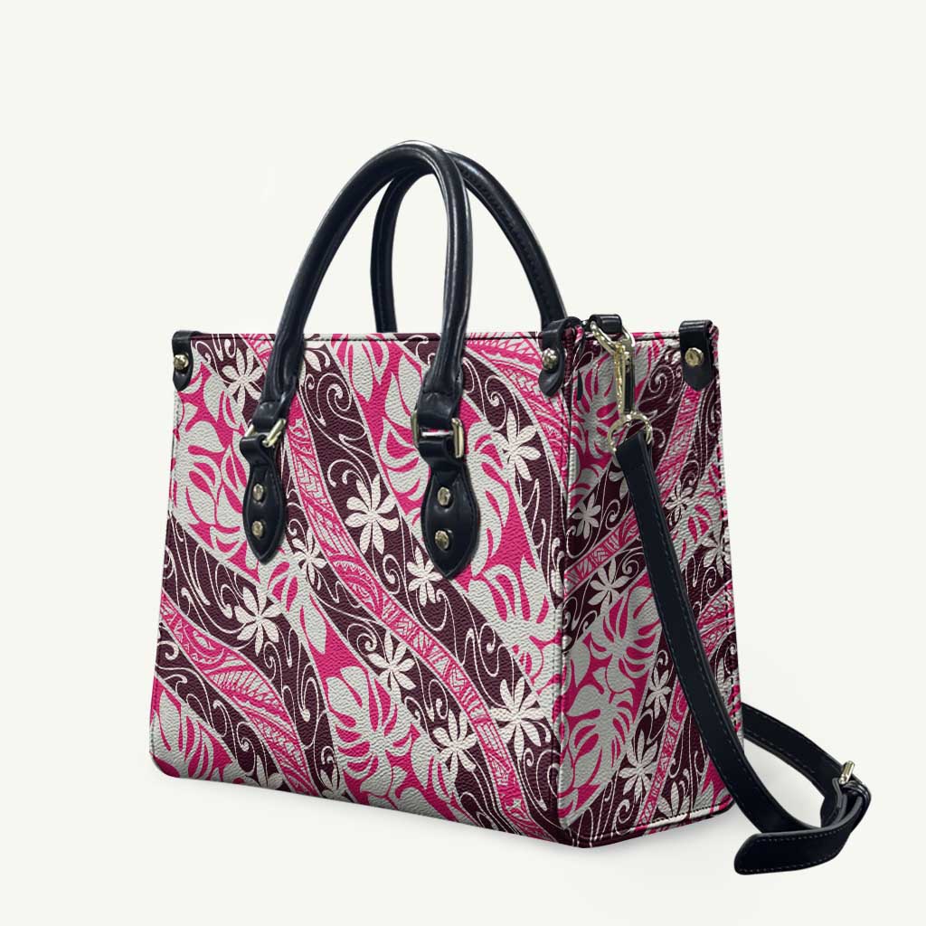 Tarona Tahiti Tiare Monstera Leather Bag Polynesian Pattern Curve Style LT01 Pink - Polynesian Pride