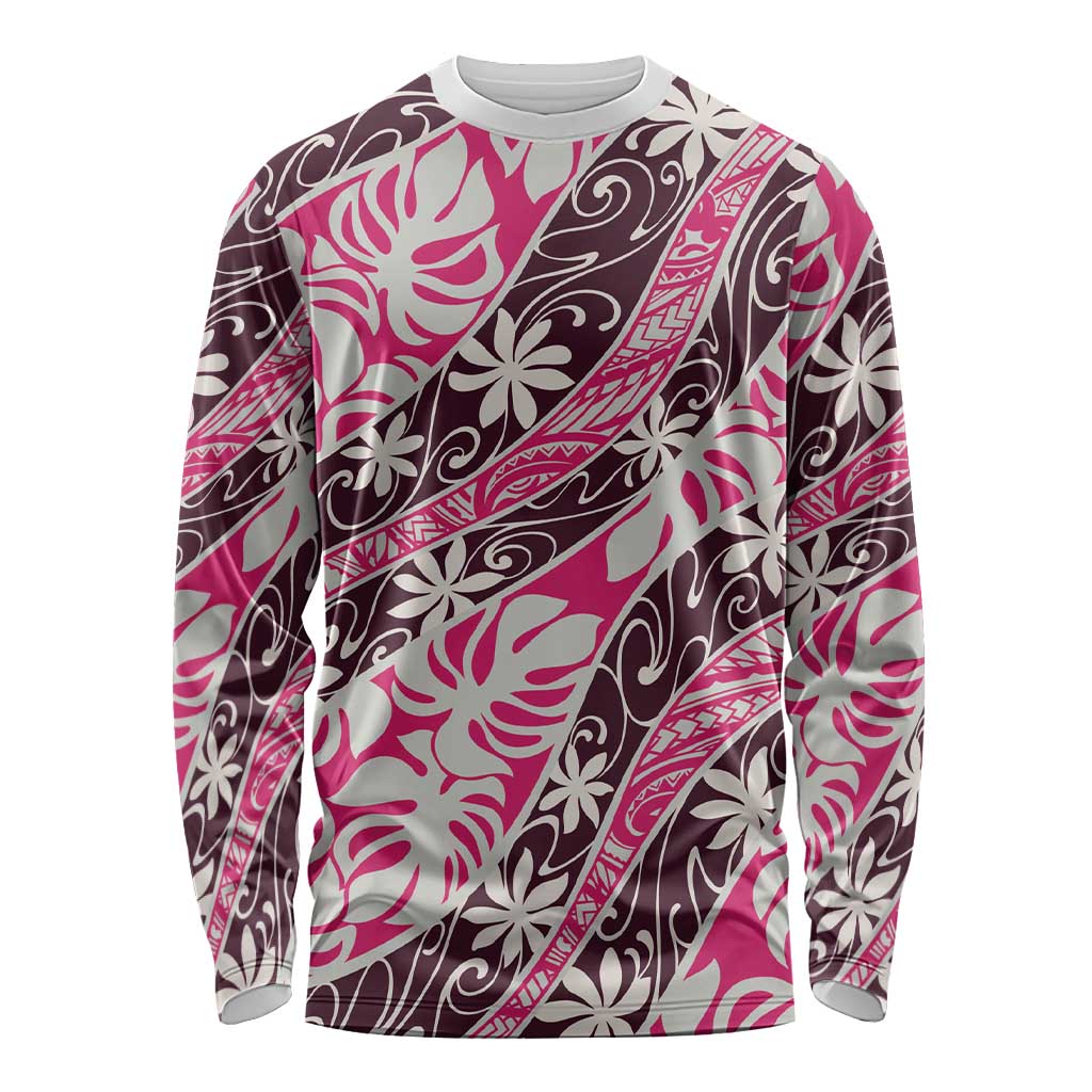 Tarona Tahiti Tiare Monstera Long Sleeve Shirt Polynesian Pattern Curve Style LT01 Unisex Pink - Polynesian Pride