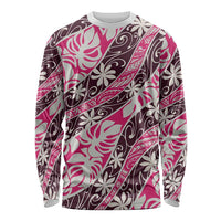 Tarona Tahiti Tiare Monstera Long Sleeve Shirt Polynesian Pattern Curve Style LT01 Unisex Pink - Polynesian Pride