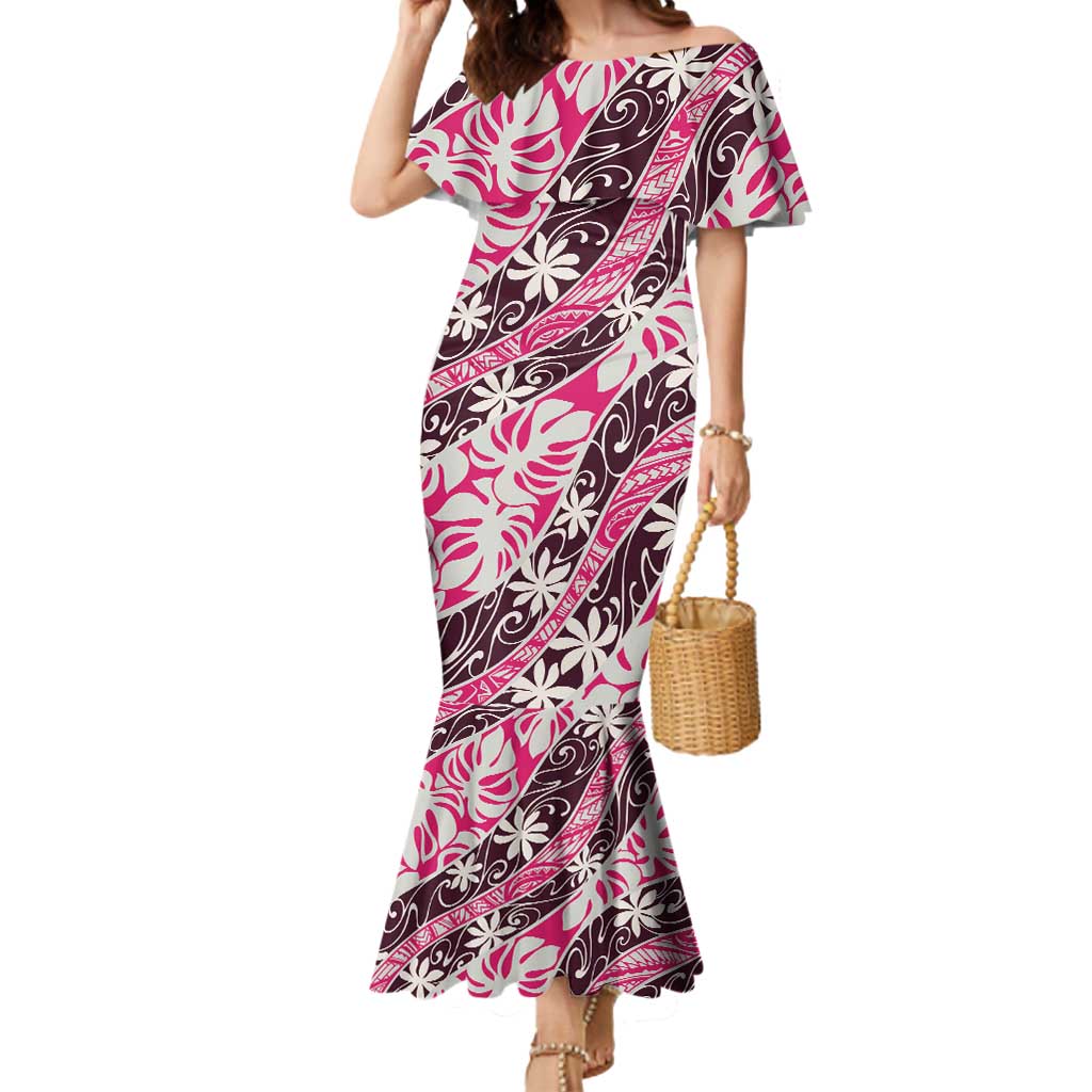 Tarona Tahiti Tiare Monstera Mermaid Dress Polynesian Pattern Curve Style LT01 Women Pink - Polynesian Pride