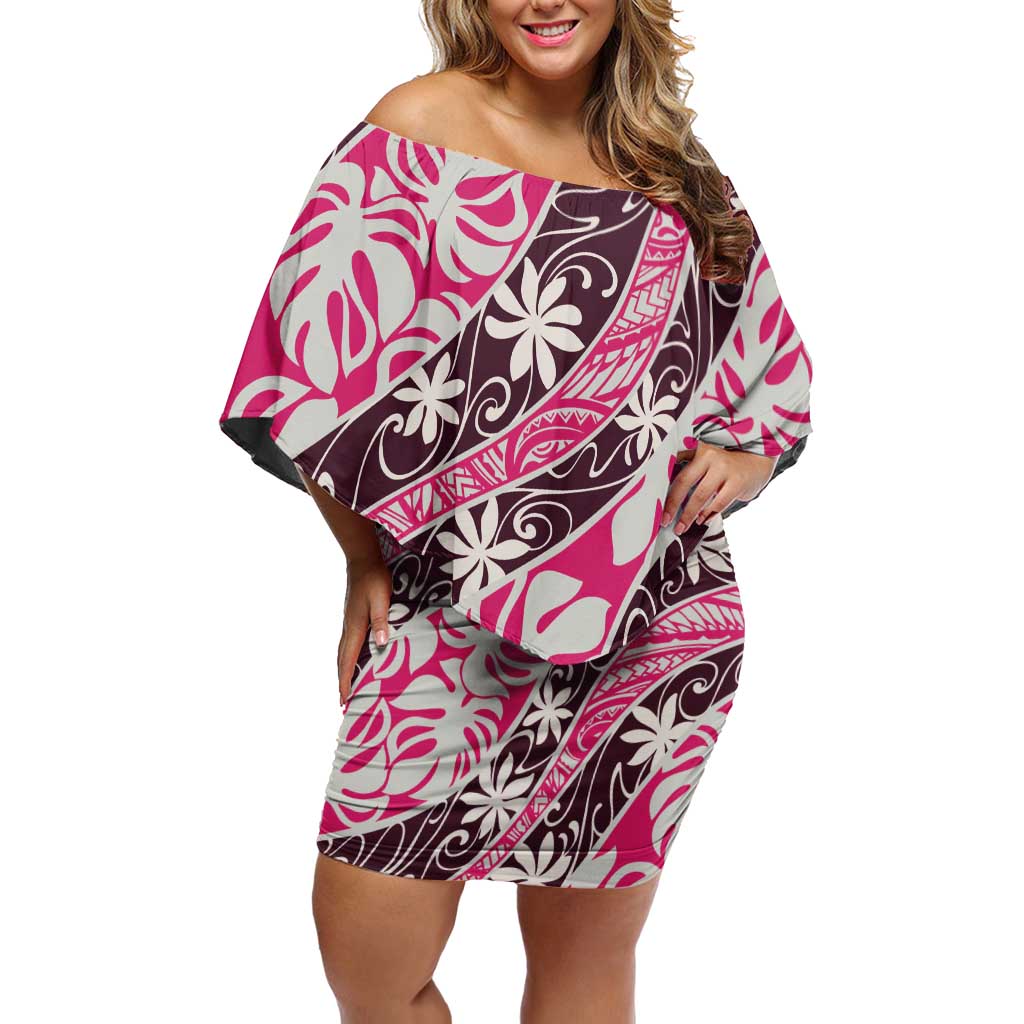 Tarona Tahiti Tiare Monstera Off Shoulder Short Dress Polynesian Pattern Curve Style LT01 Women Pink - Polynesian Pride