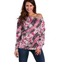 Tarona Tahiti Tiare Monstera Off Shoulder Sweater Polynesian Pattern Curve Style LT01 Women Pink - Polynesian Pride