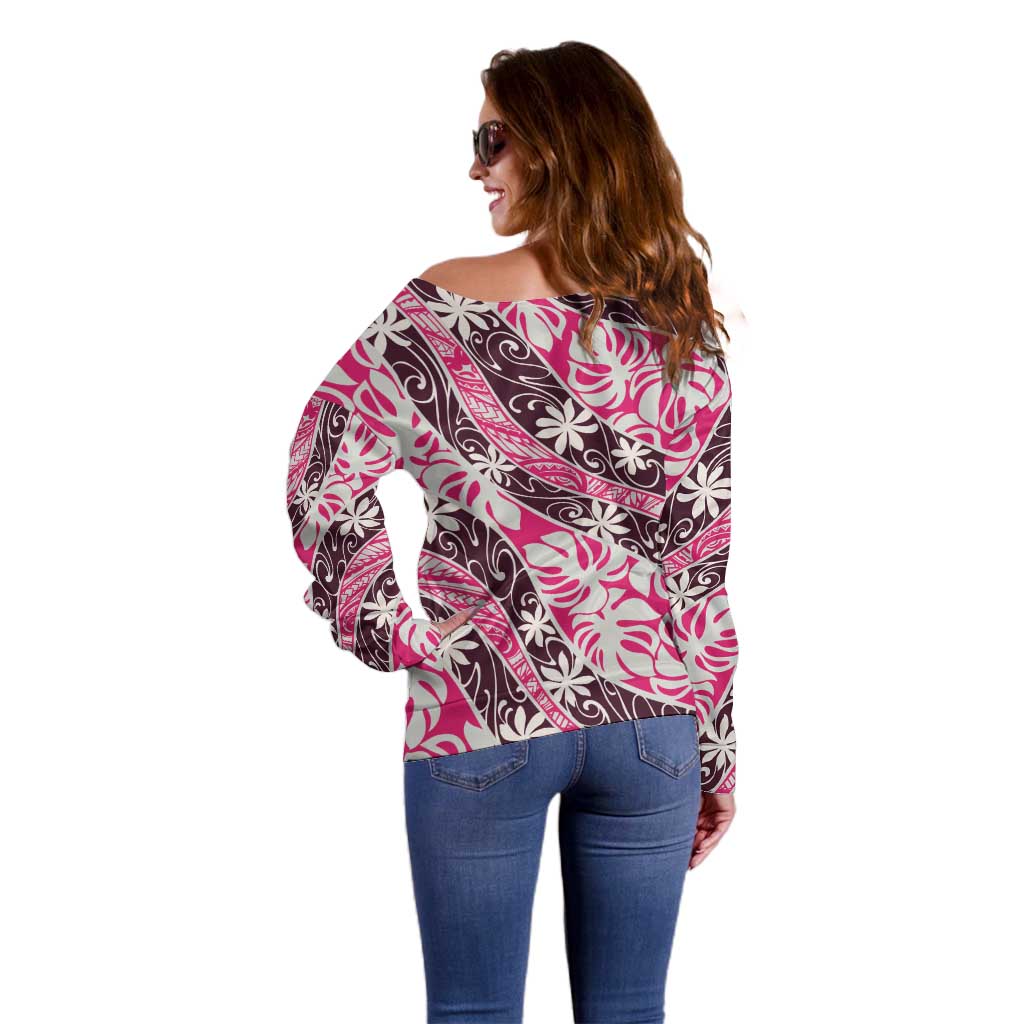 Tarona Tahiti Tiare Monstera Off Shoulder Sweater Polynesian Pattern Curve Style LT01 - Polynesian Pride