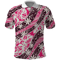 Tarona Tahiti Tiare Monstera Polo Shirt Polynesian Pattern Curve Style LT01 Pink - Polynesian Pride