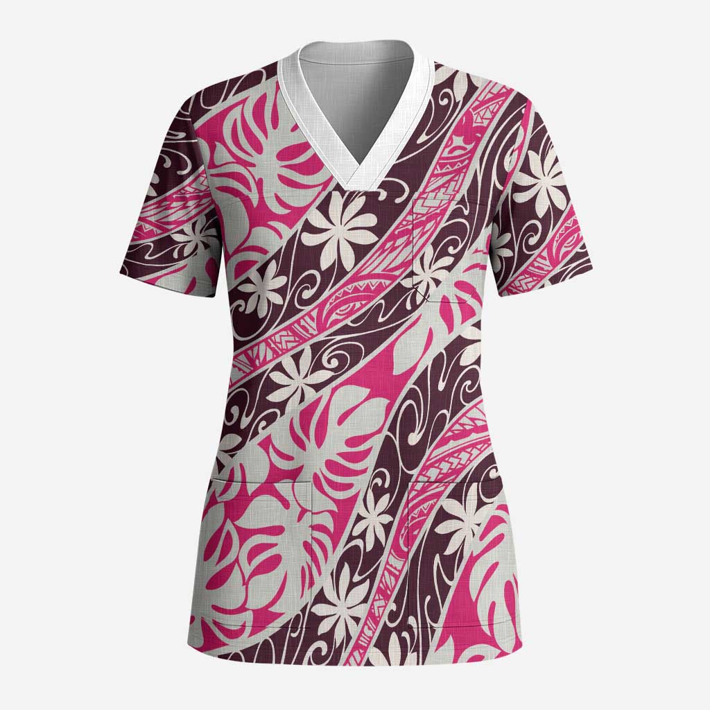 Tarona Tahiti Tiare Monstera Scrub Top Polynesian Pattern Curve Style LT01 Adult Pink - Polynesian Pride