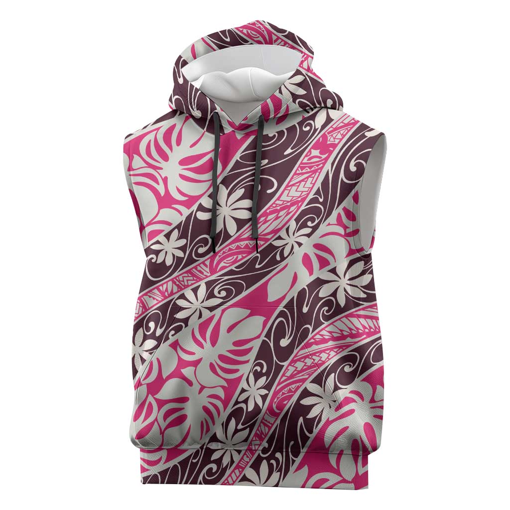 Tarona Tahiti Tiare Monstera Sleeveless Hoodie Polynesian Pattern Curve Style LT01 Pink - Polynesian Pride