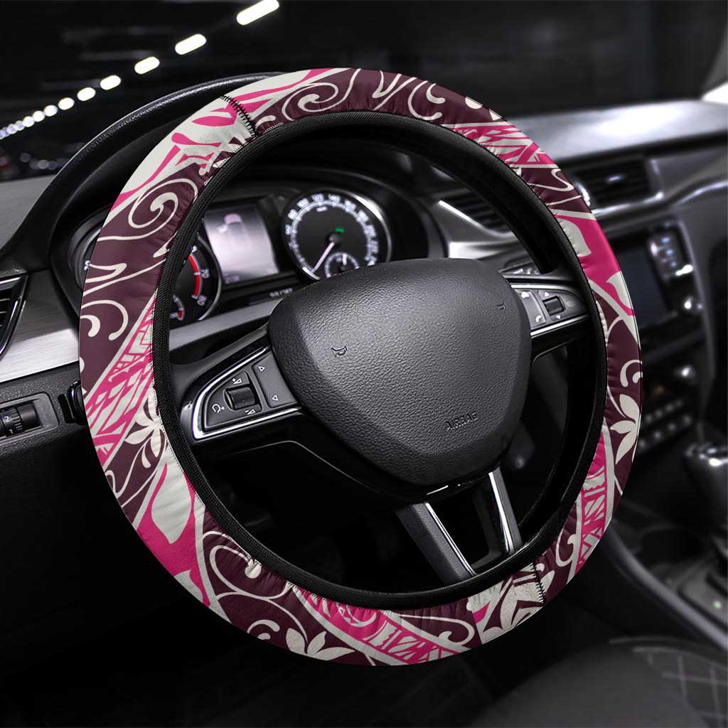 Tarona Tahiti Tiare Monstera Steering Wheel Cover Polynesian Pattern Curve Style LT01 Universal Fit Pink - Polynesian Pride