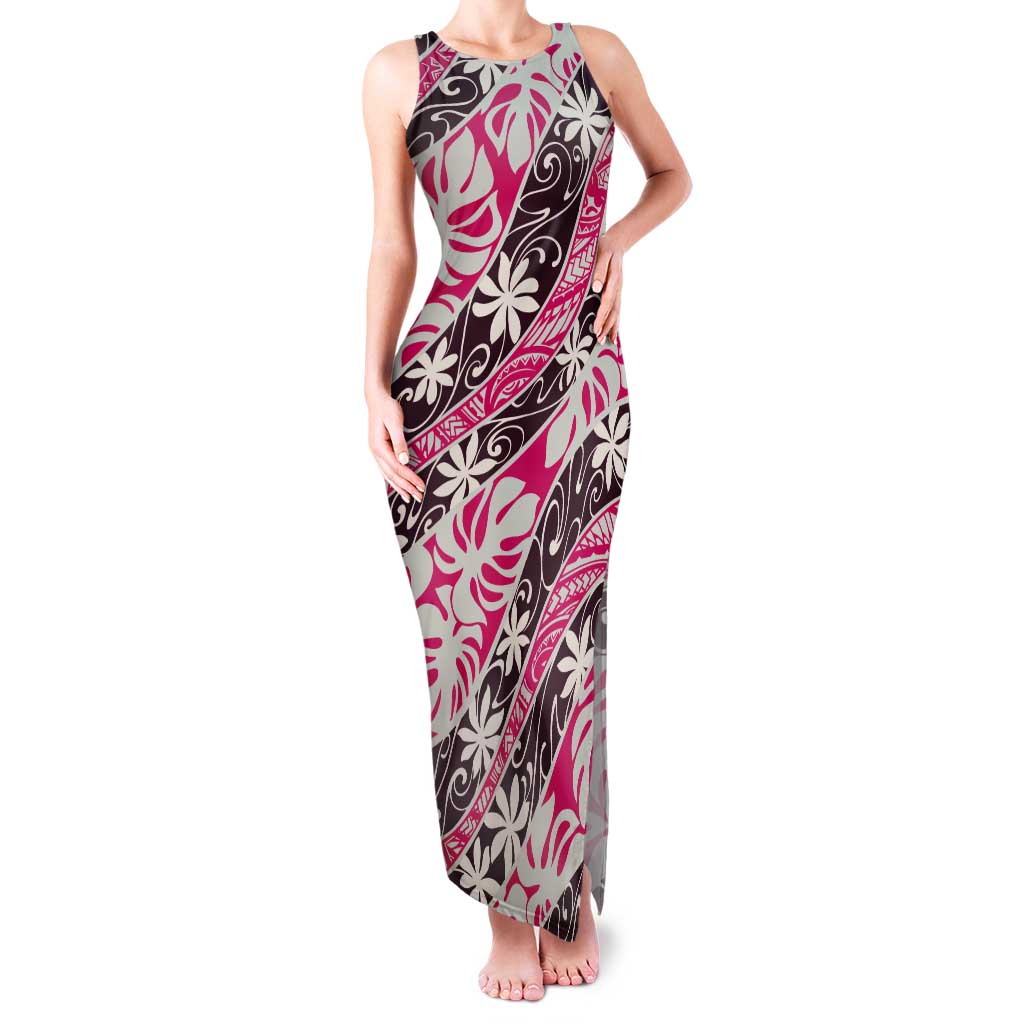 Tarona Tahiti Tiare Monstera Tank Maxi Dress Polynesian Pattern Curve Style LT01 Women Pink - Polynesian Pride