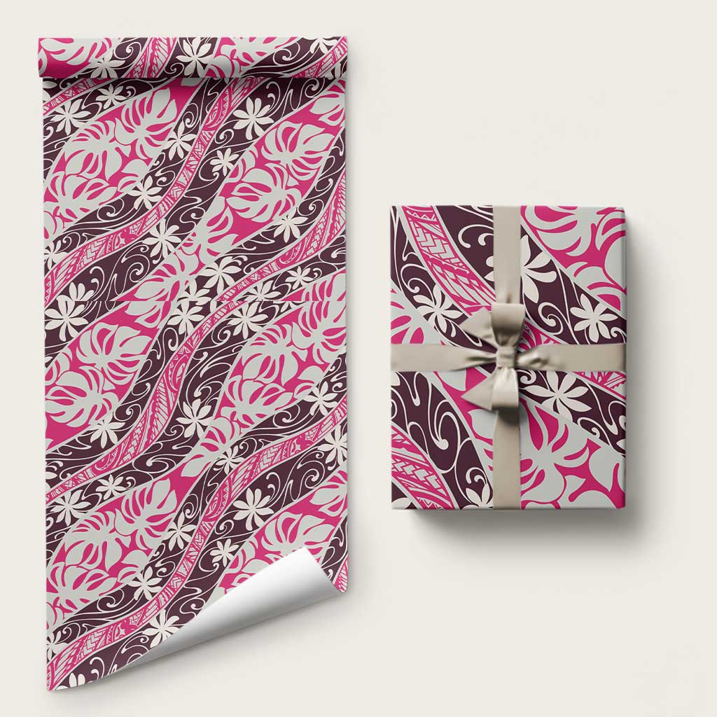 Tarona Tahiti Tiare Monstera Wrapping Paper Polynesian Pattern Curve Style LT01 58" × 23" Pink - Polynesian Pride
