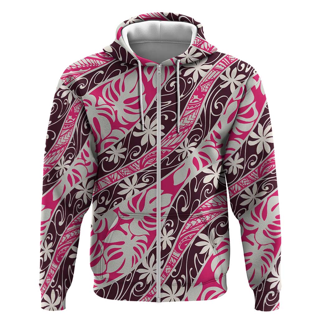 Tarona Tahiti Tiare Monstera Zip Hoodie Polynesian Pattern Curve Style LT01 Zip Hoodie Pink - Polynesian Pride