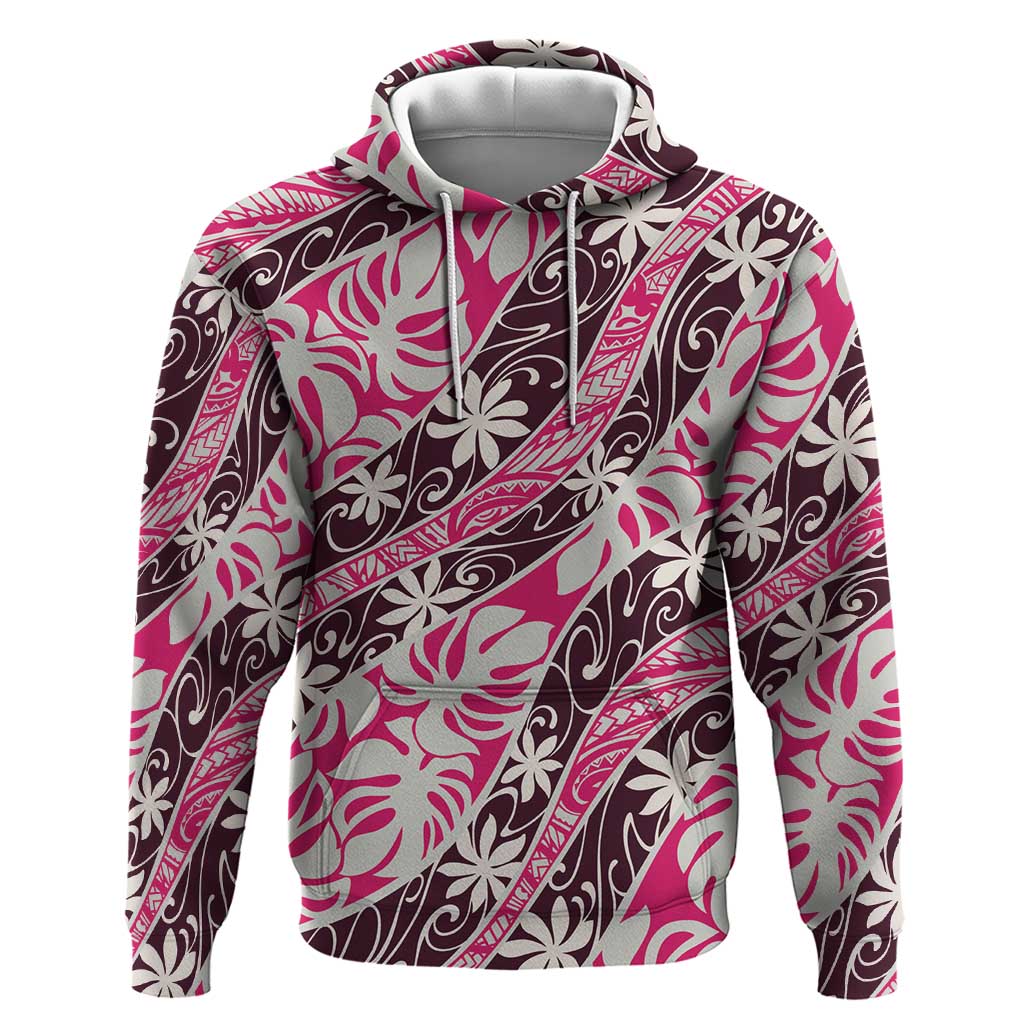 Tarona Tahiti Tiare Monstera Zip Hoodie Polynesian Pattern Curve Style LT01 Pullover Hoodie Pink - Polynesian Pride